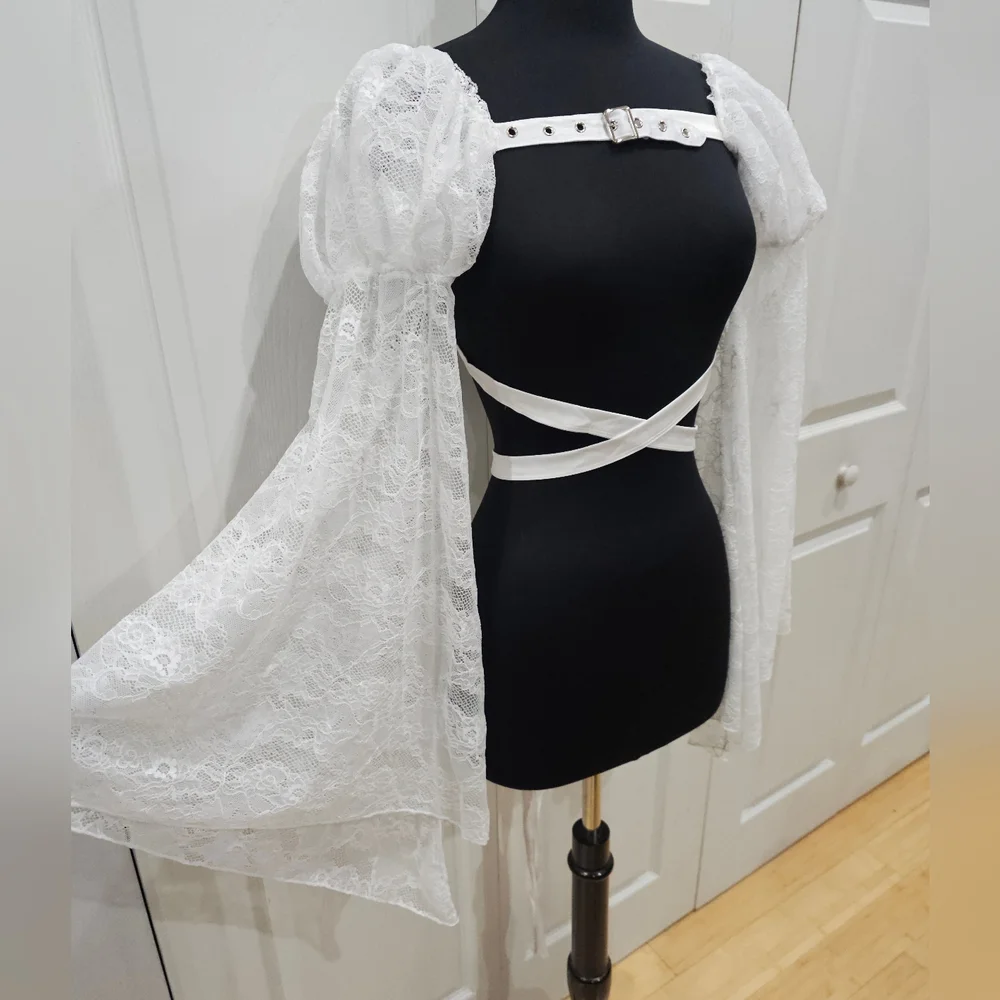 Dolls Kill Widow Goth White Lace Buckle Somber Soul Bondage Harness Shrug Top OS - Picture 3 of 10
